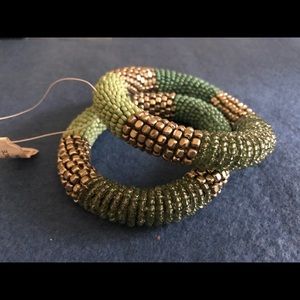 Stretchy beaded bangle bracelets (set of 2) in muted greens and chrome NWT